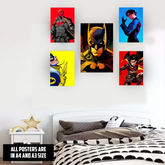 Batman family poster set by Dripster featuring colorful superhero art above a modern bedroom bed